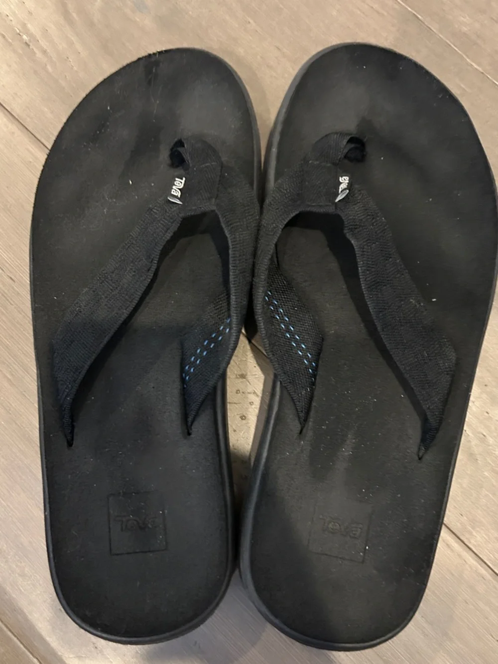 Teva Men's Black Flip-Flop Sandals with Subtle Blue Stitching
